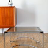 Rectangular coffee table in chrome and smoked glass, arched legs, Space Age, Design, 1970