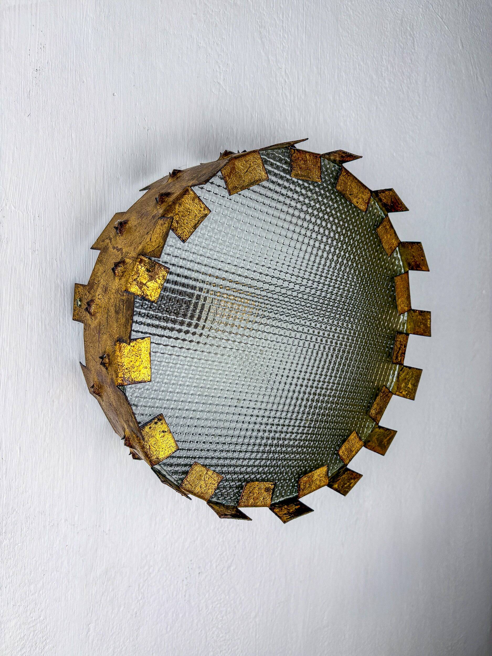 Brutalist crown sunburst fixture in gilt metal and frosted glass, France, 1960s