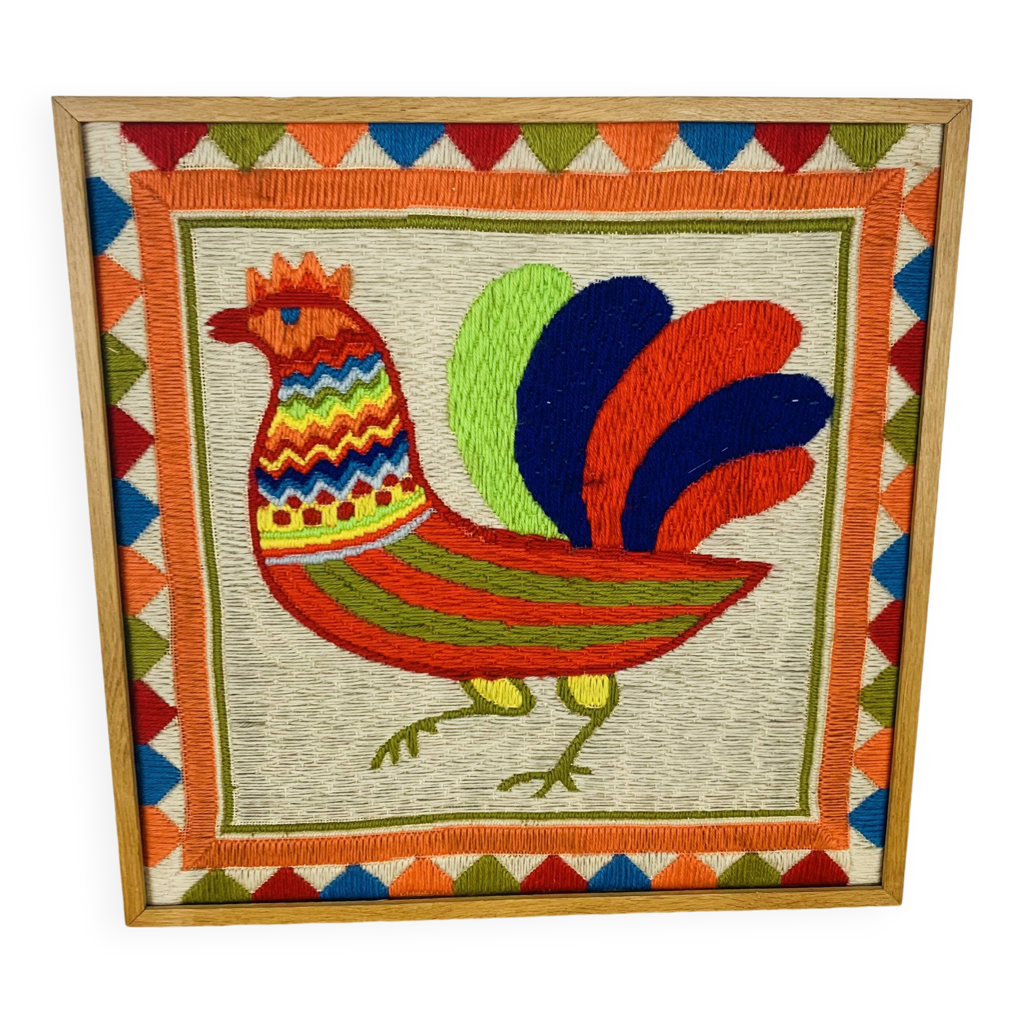 70s rooster tapestry, wooden frame