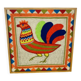 70s rooster tapestry, wooden frame