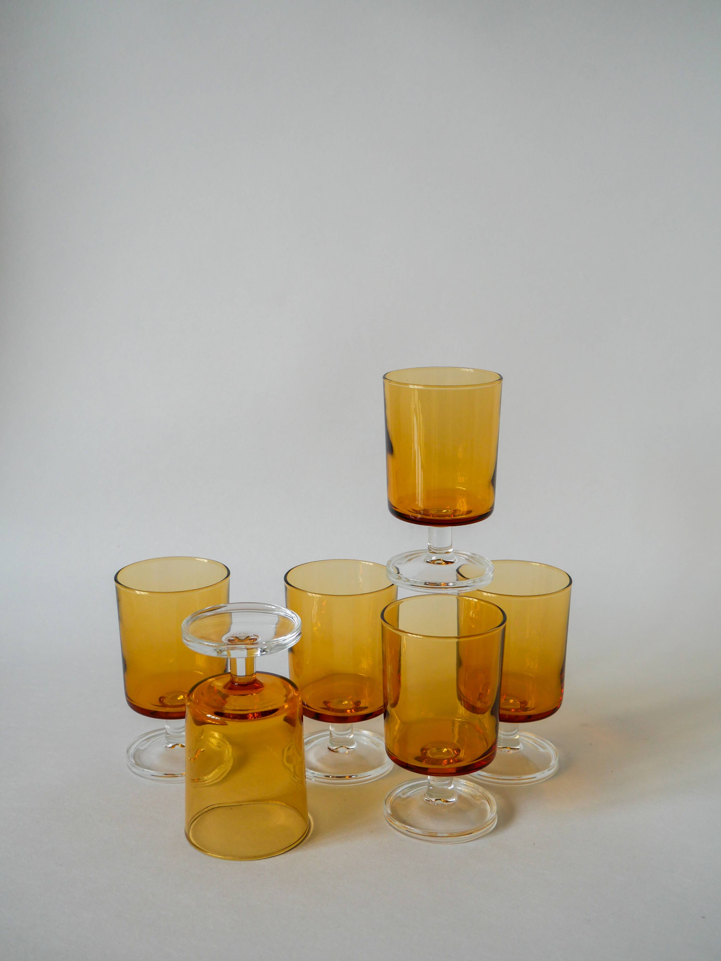 set of 6 vintage Luminarc amber wine glasses 1970