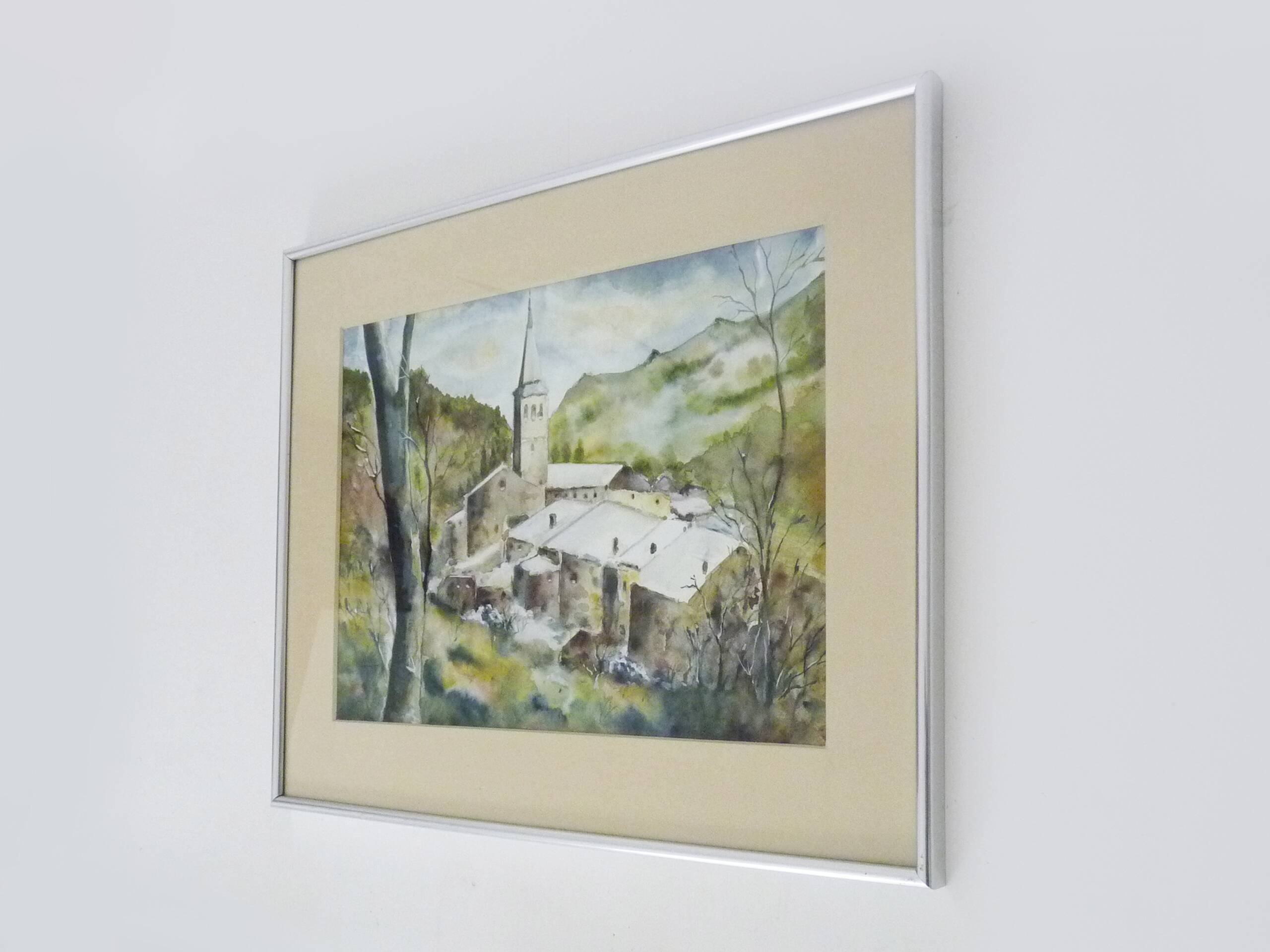 Original watercolor by Carani church in the mountains. Signed