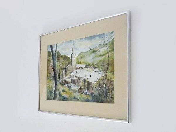 Aquarelle originale de Carani église en montagne. Signée