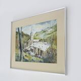 Original watercolor by Carani church in the mountains. Signed