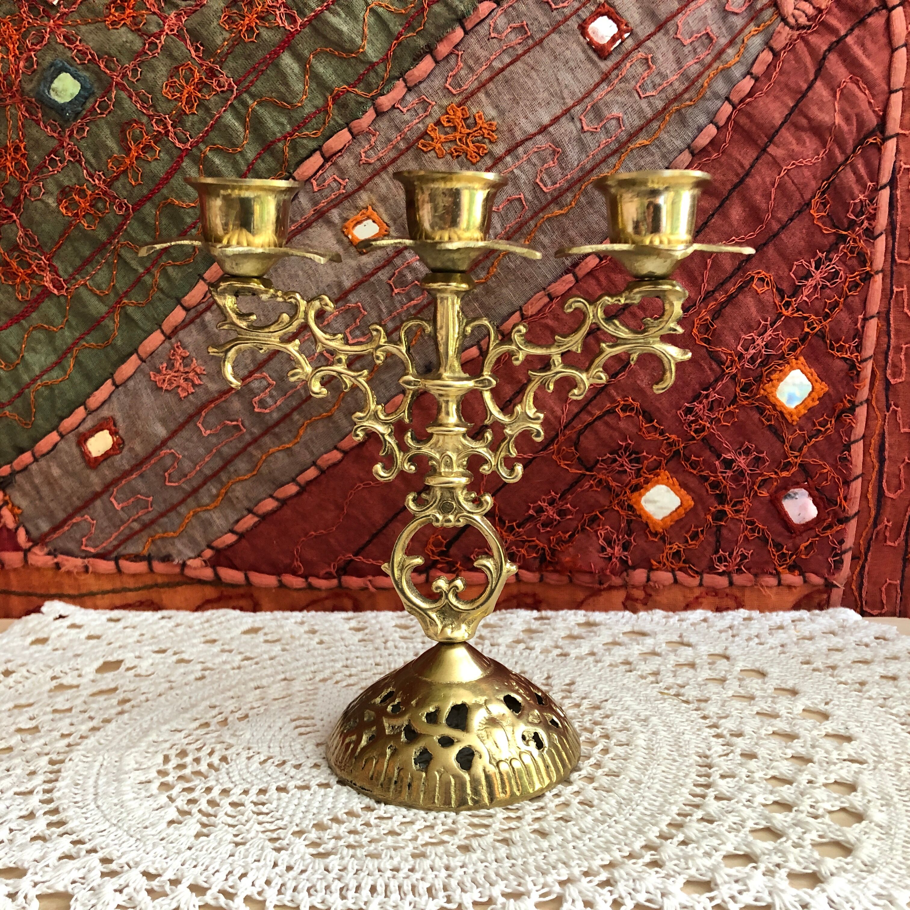 Pair of candlesticks 3 branches golden brass