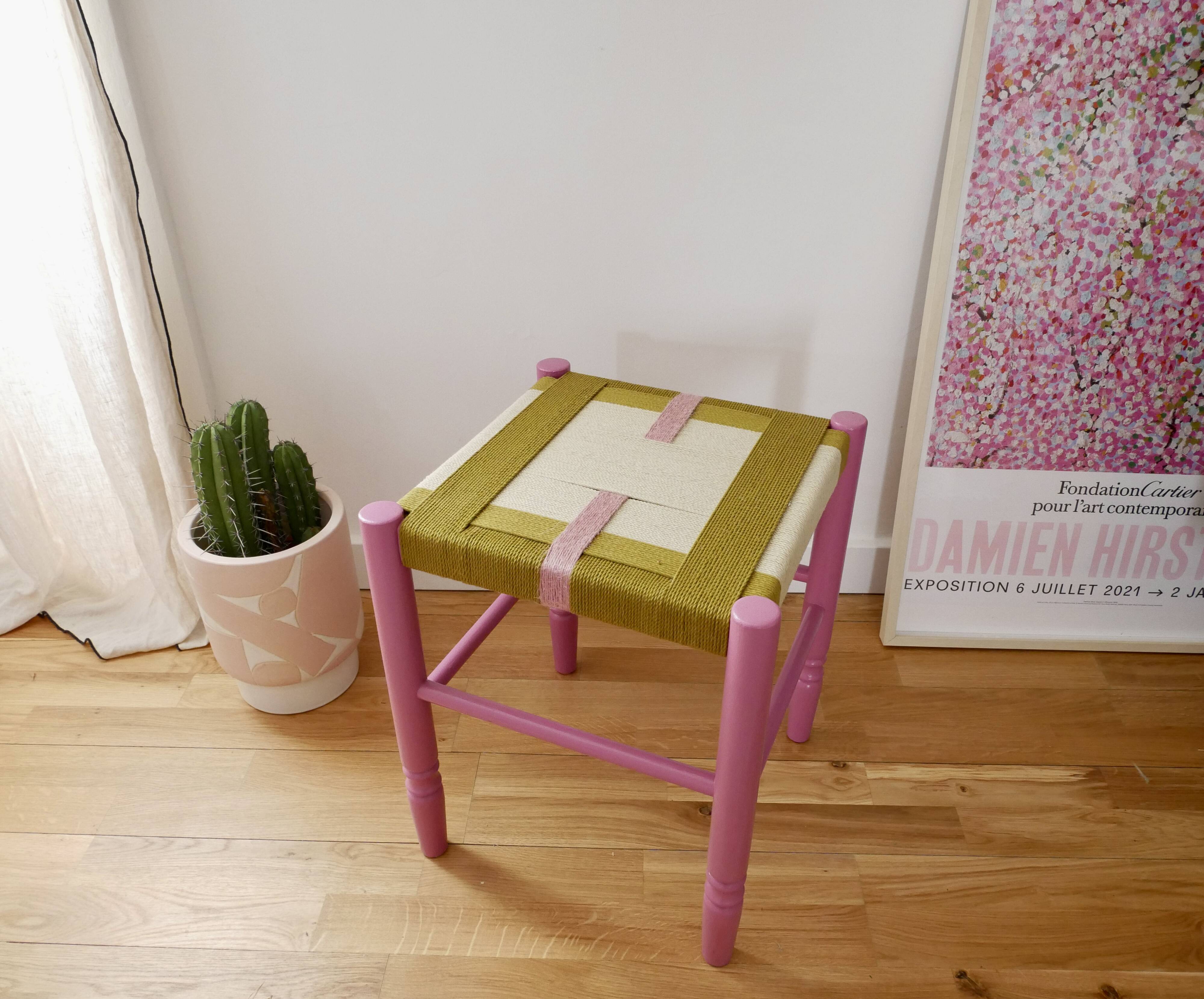 Wooden stool. Vintage stool. woven stool