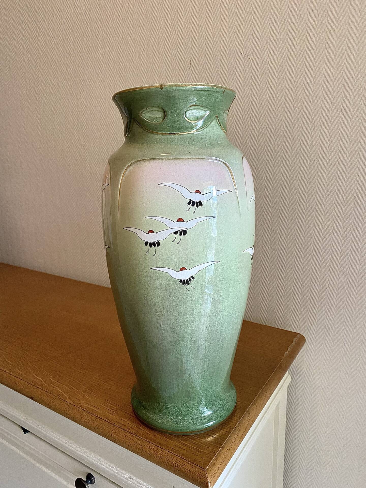 Large Art Nouveau vase from Fives-Lille by Bruyn, decorated with cranes.