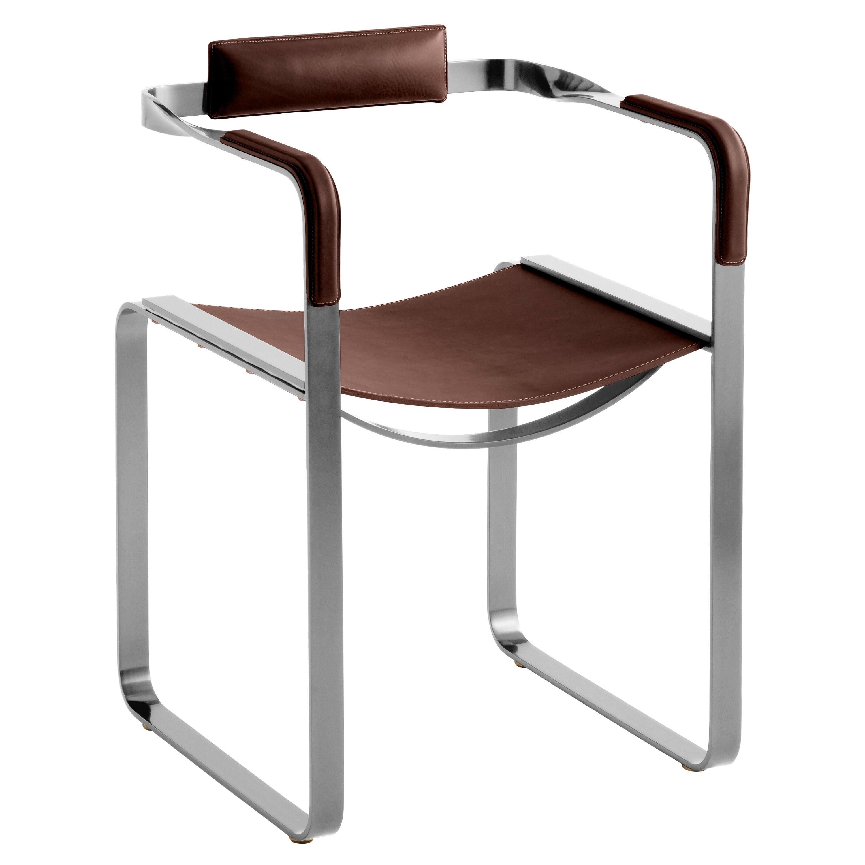Armchair, old silver steel and dark brown leather, contemporary style.