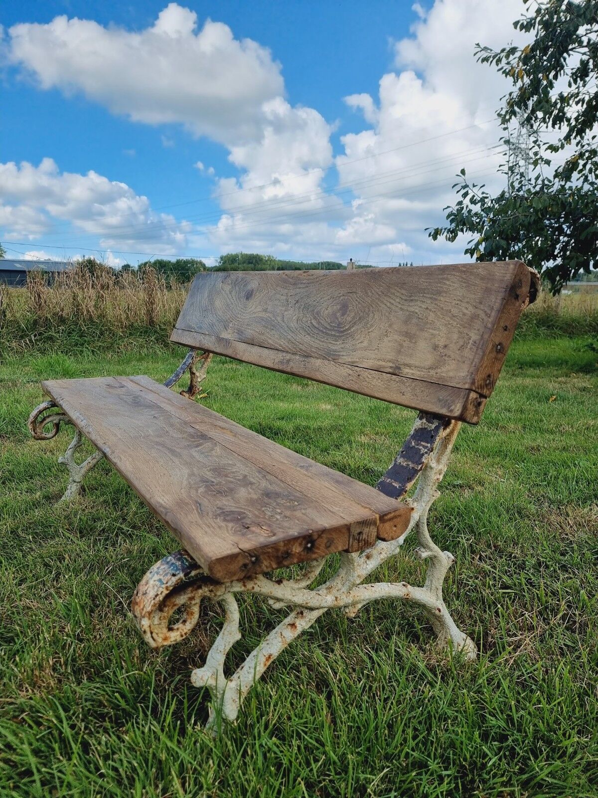 Antique garden bench oak on cast iron legs 125 cm