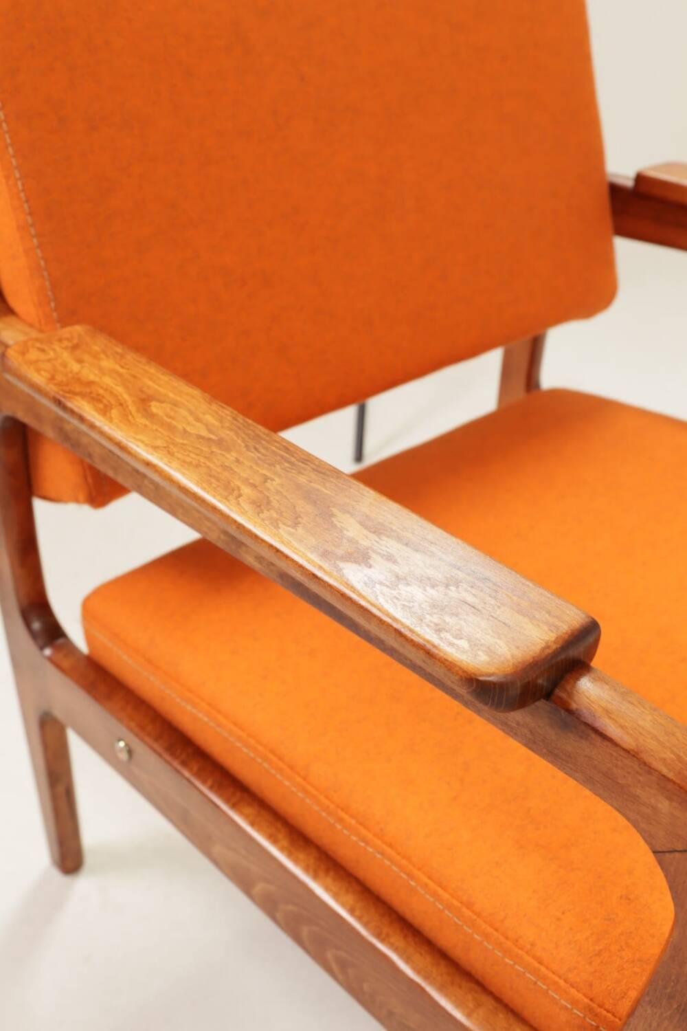 Vintage Orange Armchair Wool Upholstery Walnut Color Wood