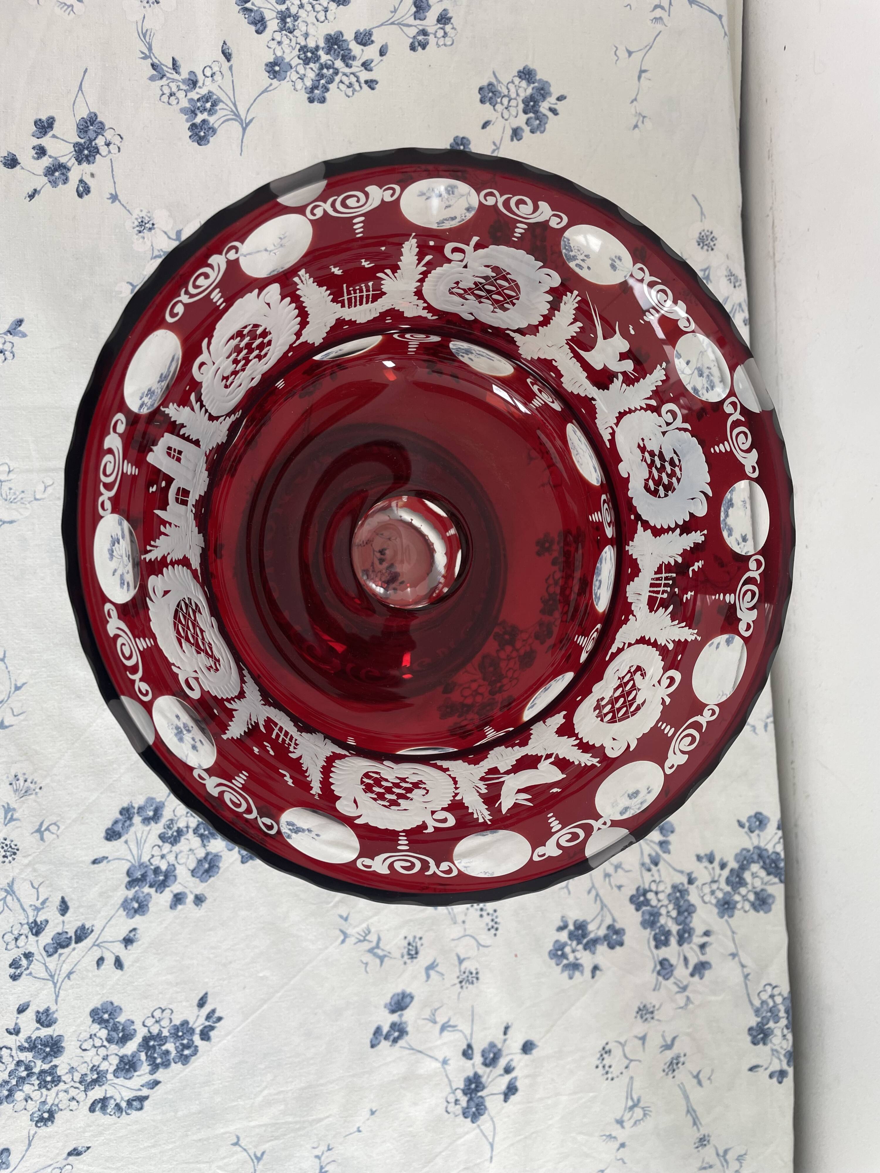 Large red and white overlay glass bowl, Bohemian 20th century