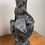 François Moreau: Pair of vases with Napoleon III period characters in regula with bronze patina