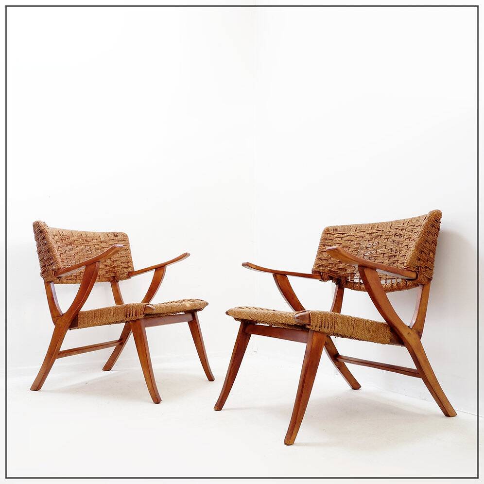 Pair of rope and wood armchairs - 1950s