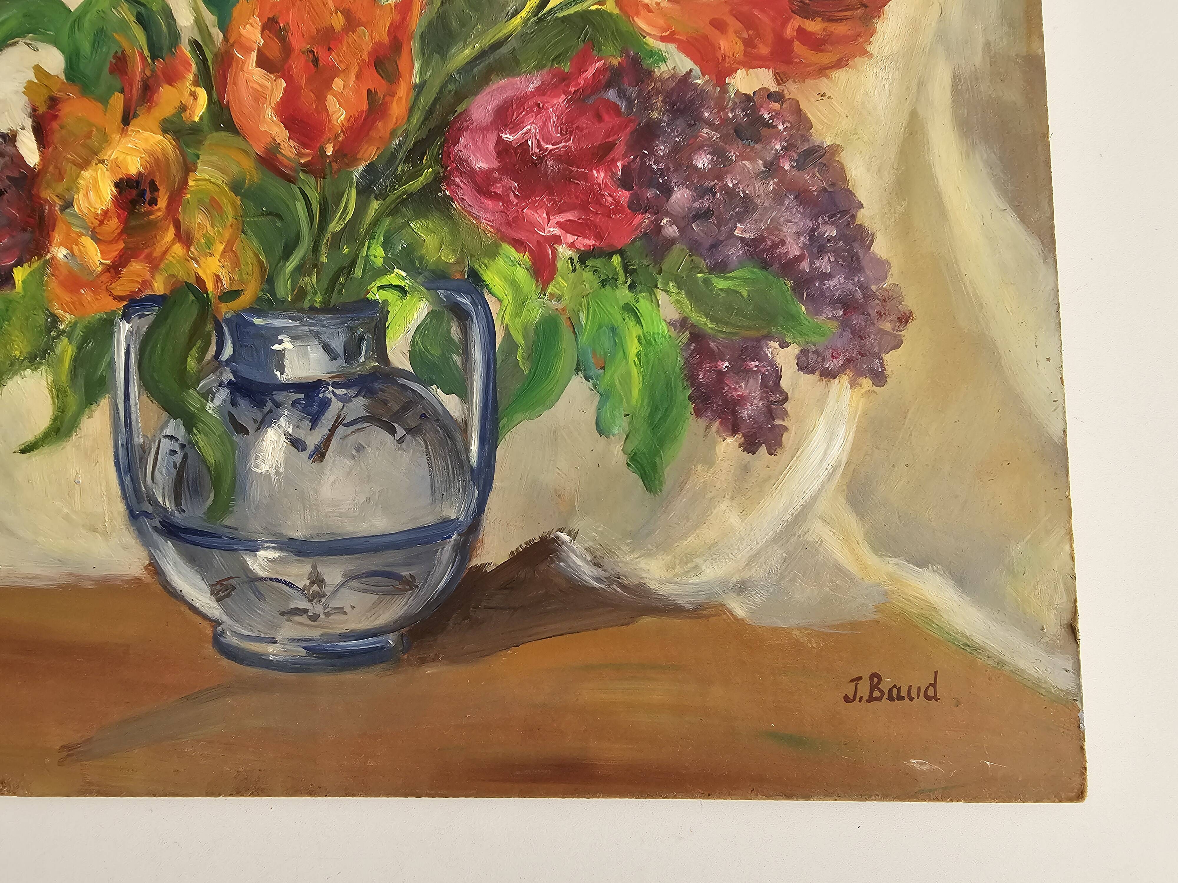 Oil Painting on Isorel - Bouquet of Tulips & Lilacs Signed J Baud
