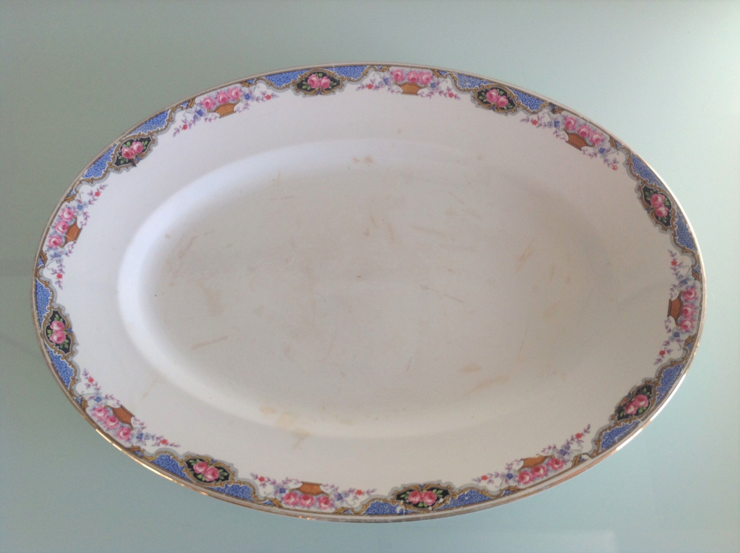 Oval dish décor baskets of roses by Digoin Sarreguemines / vintage 50s-60s