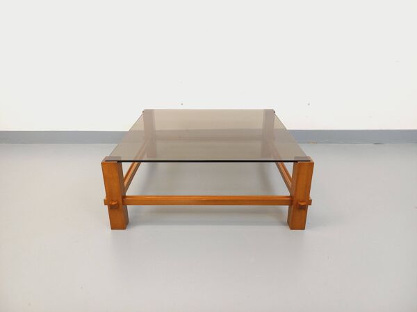 Table basse italienne carrée vintage Fontana Arte en bois et verre fumé