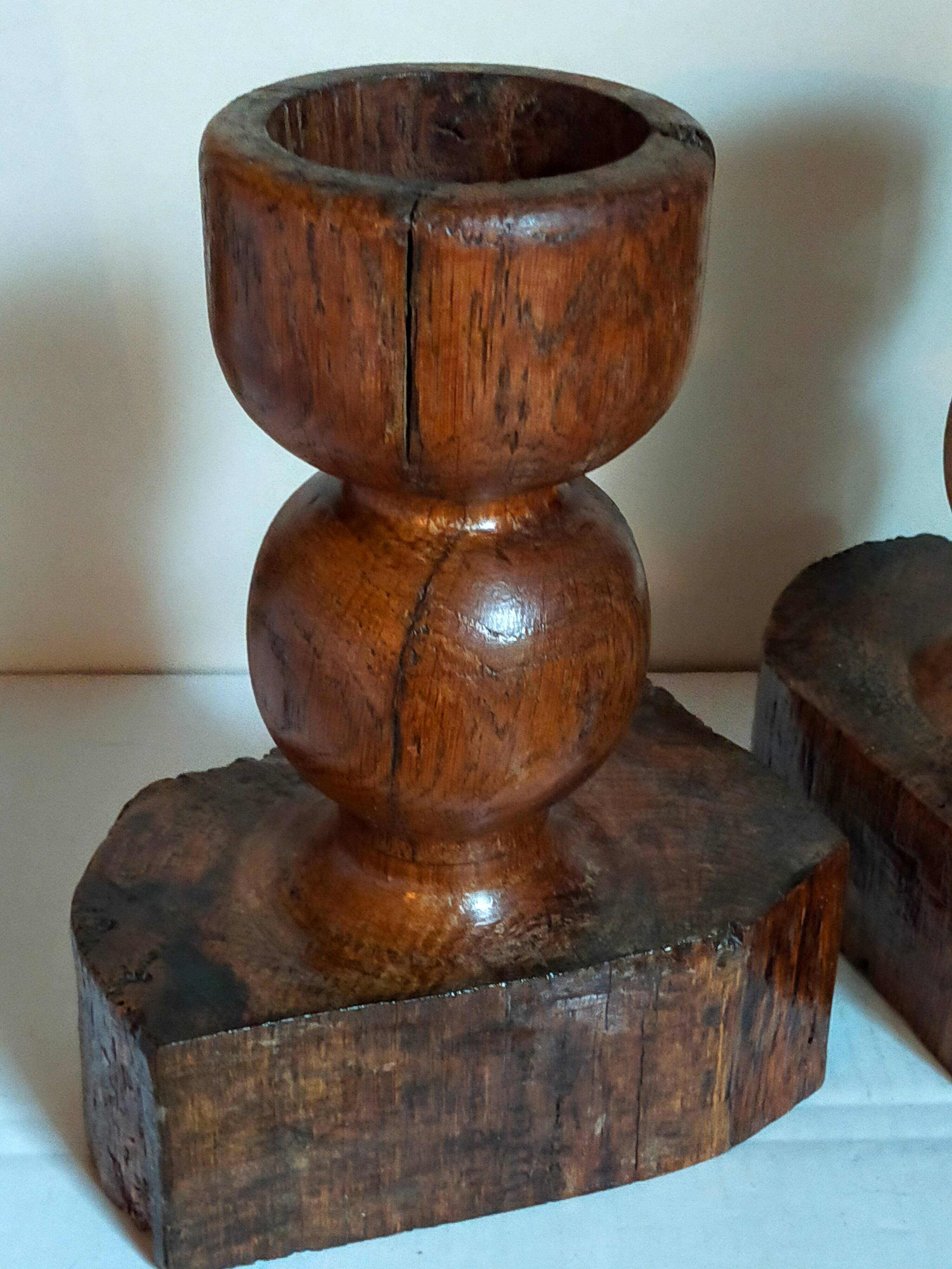 Pair of old brutalist turned solid wood candlesticks