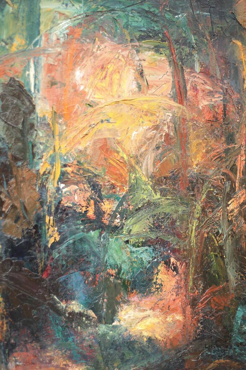 Oil on canvas signed Monique Humbert, large abstract composition, wall painting, interior decoration.