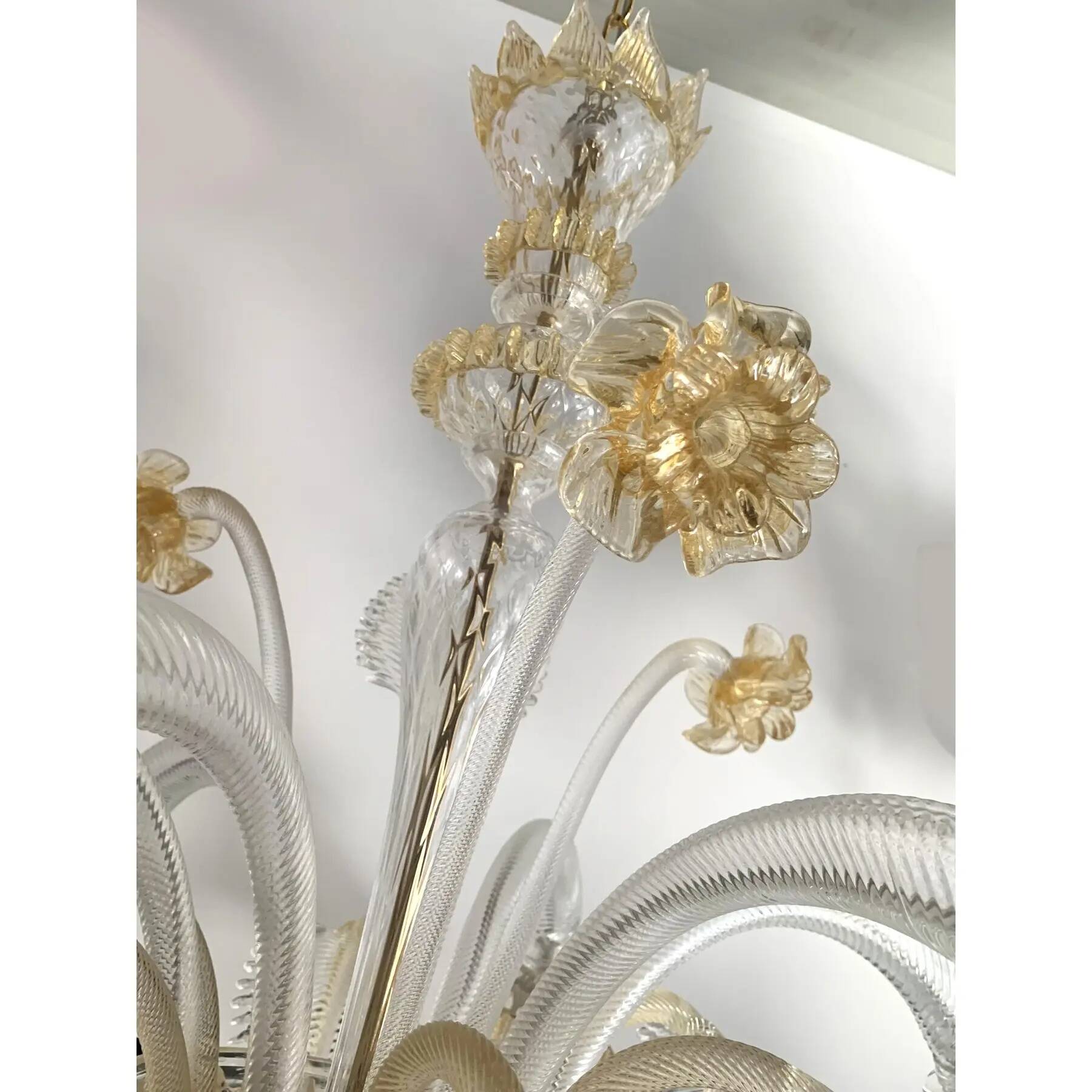 Venetian Murano-Style Glass Chandelier in Transparent and Gold with Flowers