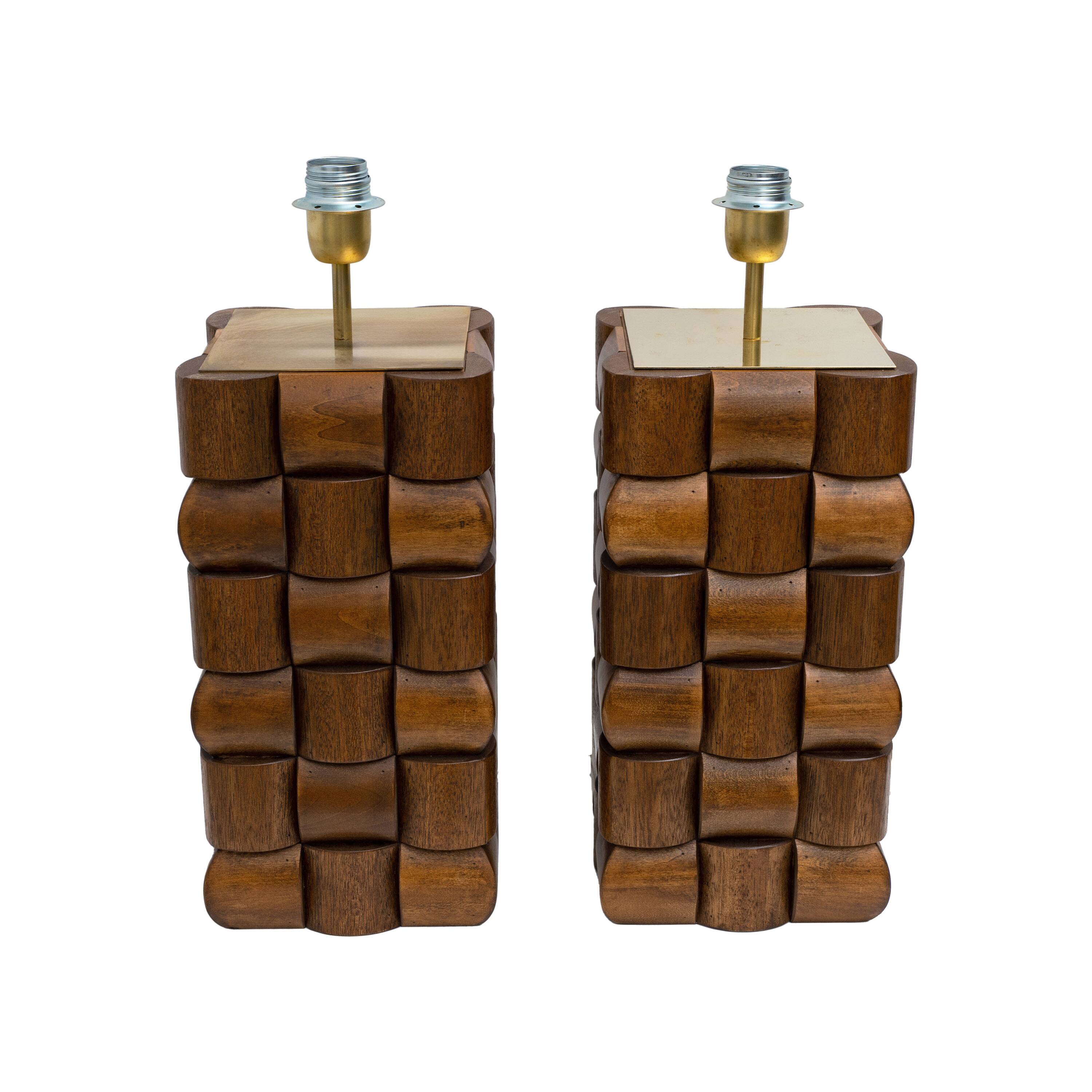Pair of Sculptural Teak and Brass Table Lamps, Italy