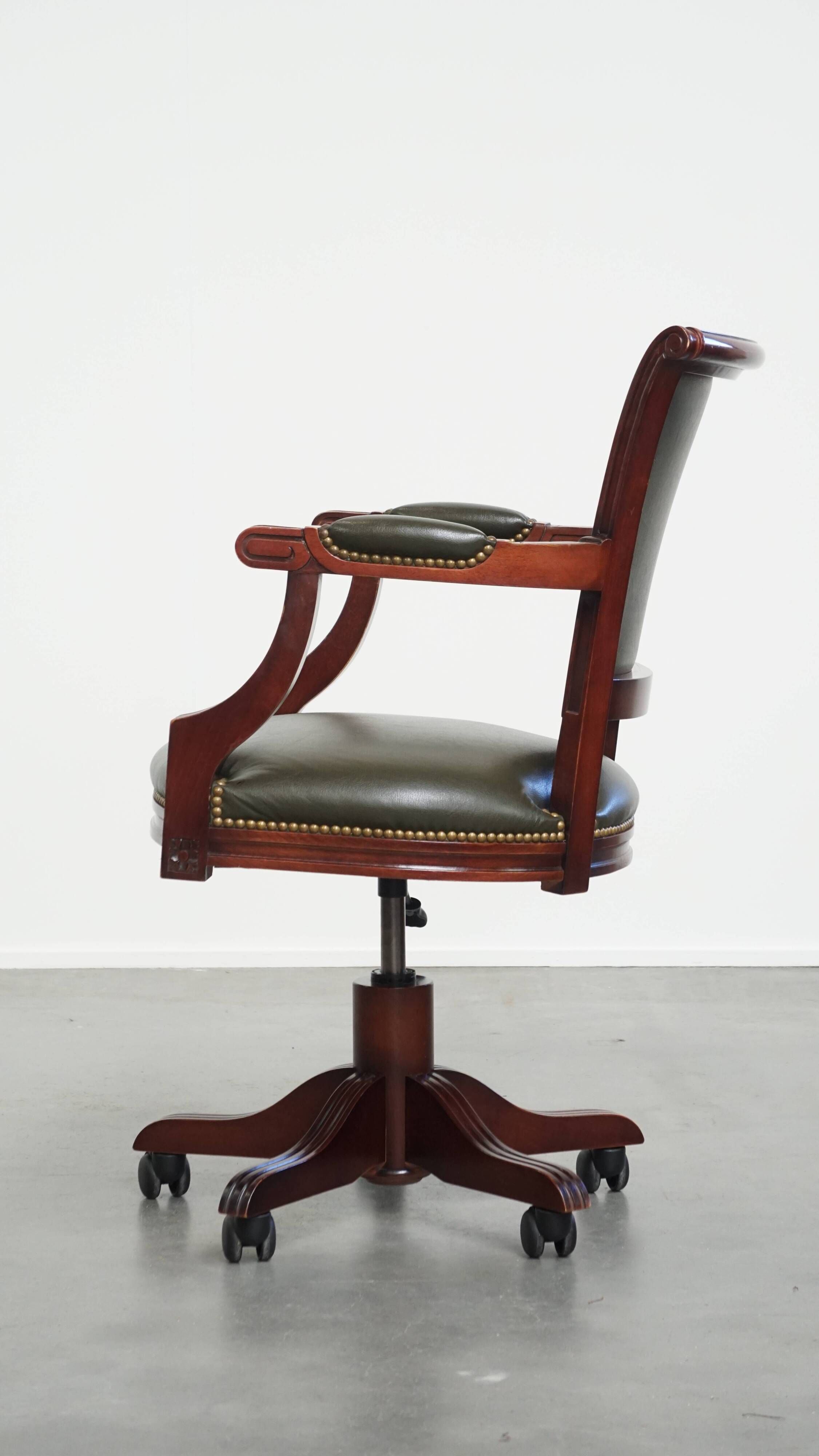 Green Cowhide Leather and Wooden Office Chair in English Style on Casters