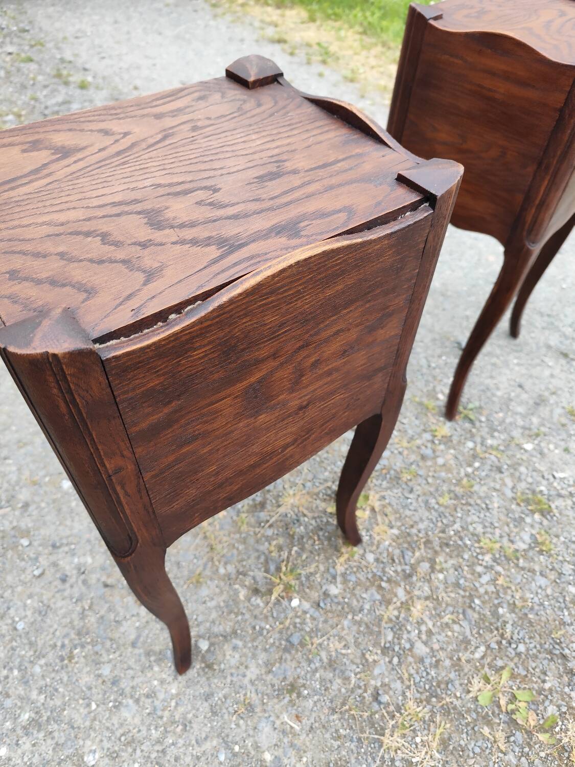 Pair of oak bedside tables with curtained niche doors