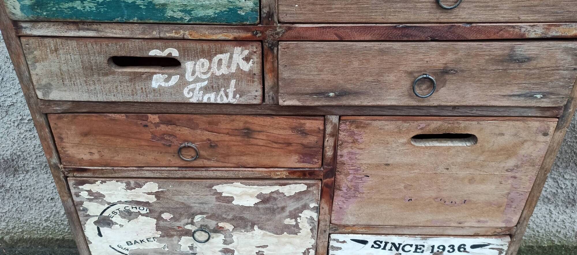 Original wooden chest of drawers with 15 mismatched drawers