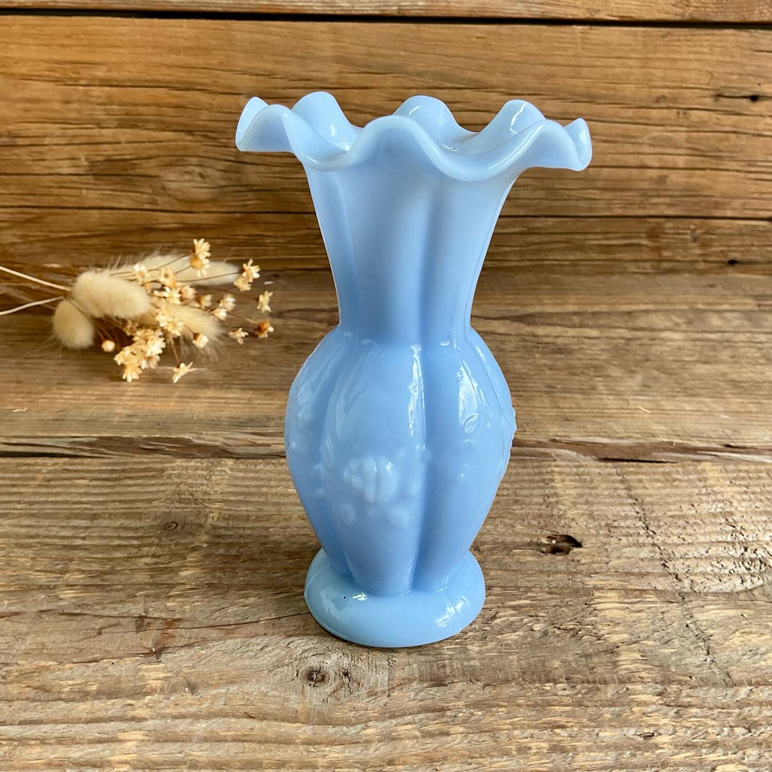 Small blue milk glass vase