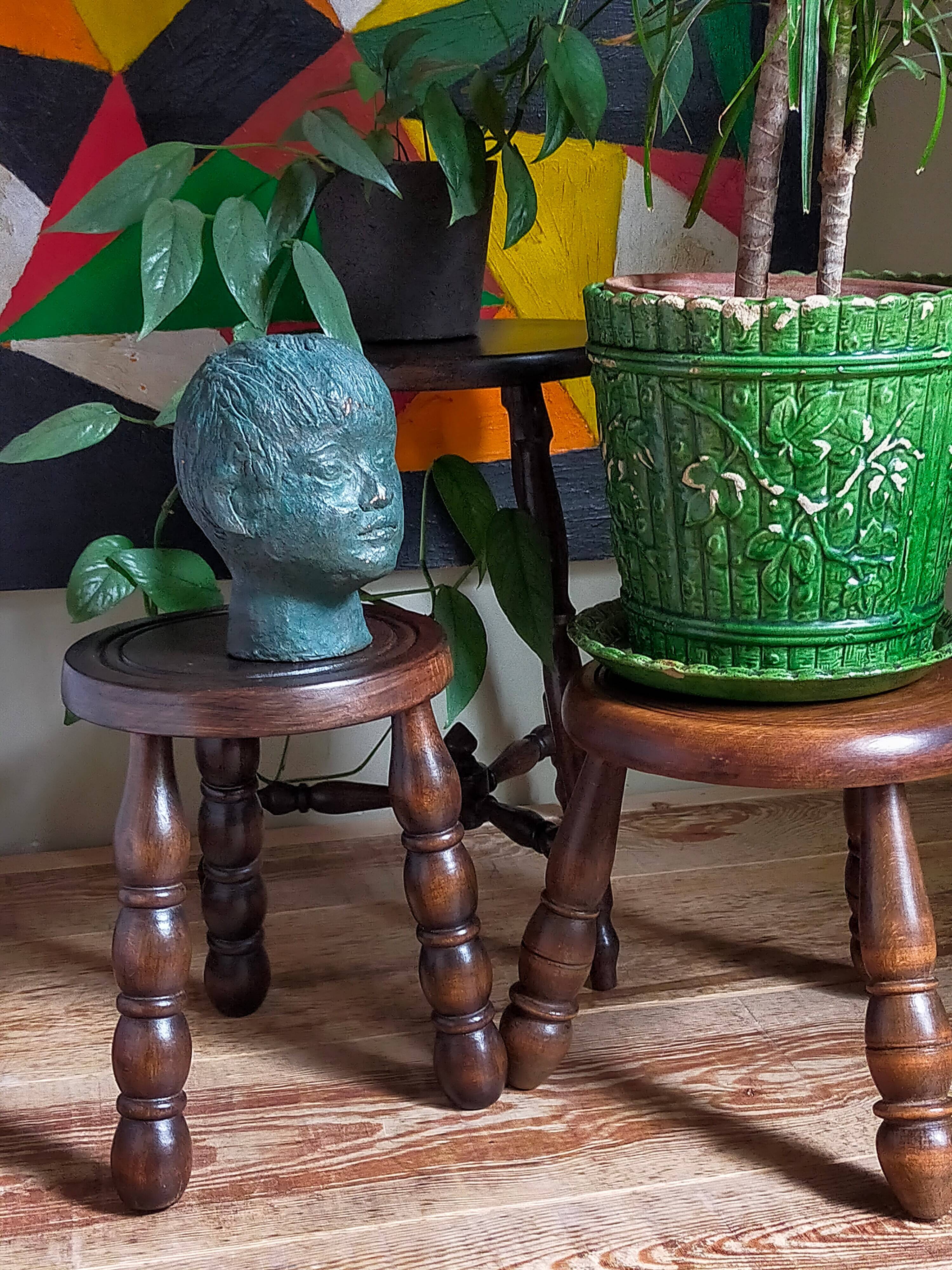 Vintage solid turned wood tripod stool