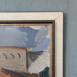 Mid-Century Modern Swedish "City Blocks" Vintage Abstract Oil Painting, Framed