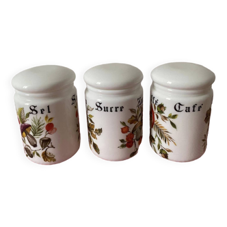 Set of 3 white opal pots: salt-sugar-coffee and in Italian sale-zucchero-coffee