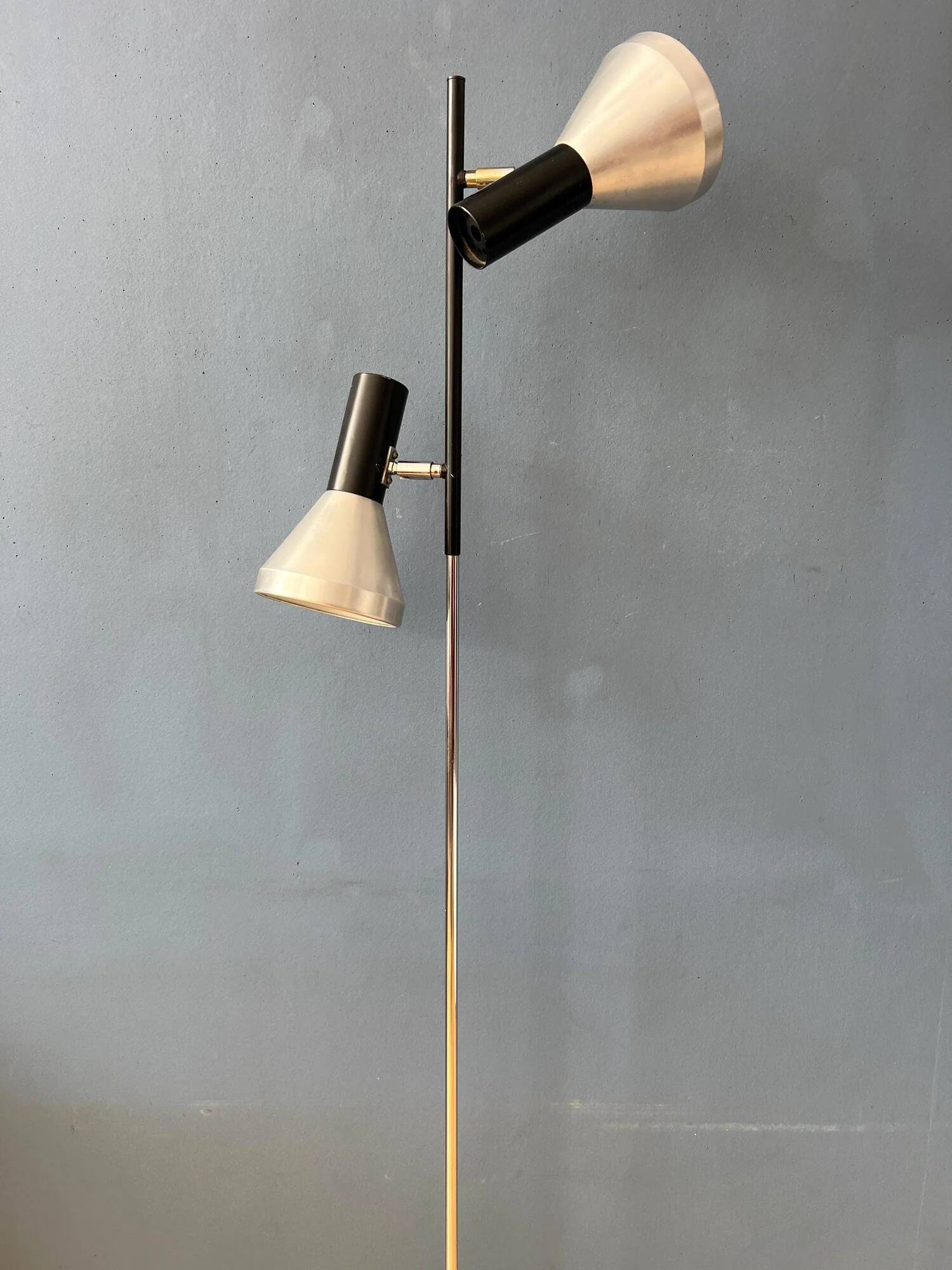 Vintage black mid-century floor lamp with two aluminum spots