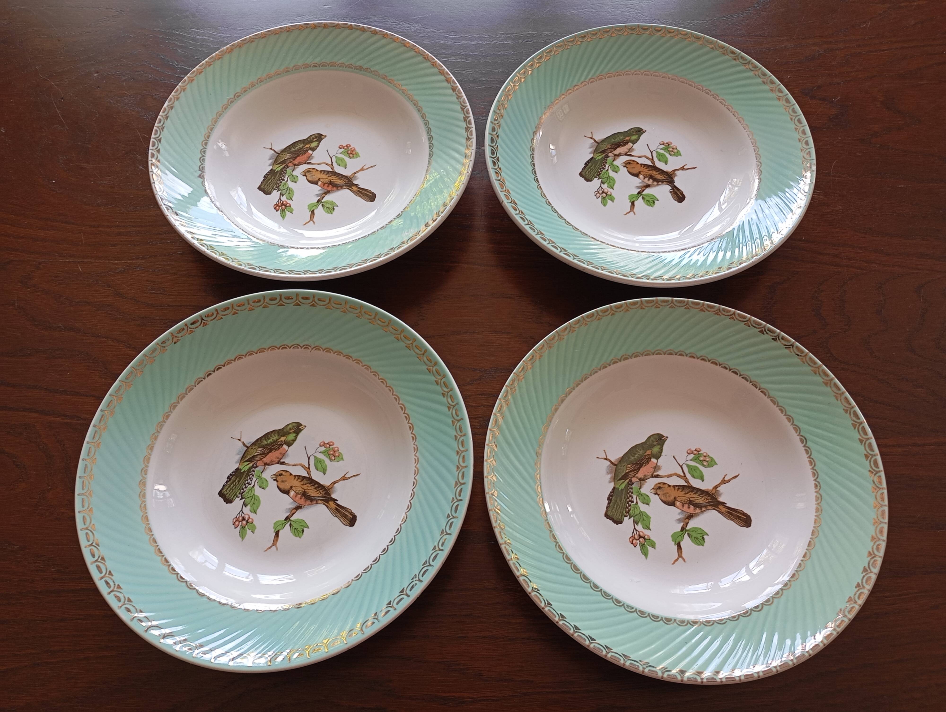 8 soup plates Fenal Badonviller "Birds" vintage 1950s