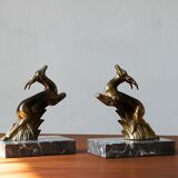 Serre-livres art déco antilope sur bases en marbre, france, années 1930, ensemble de 2