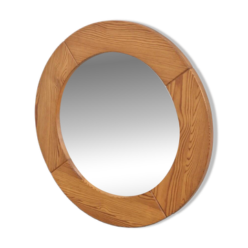Miroir rond en pin scandinave vintage, années 1970