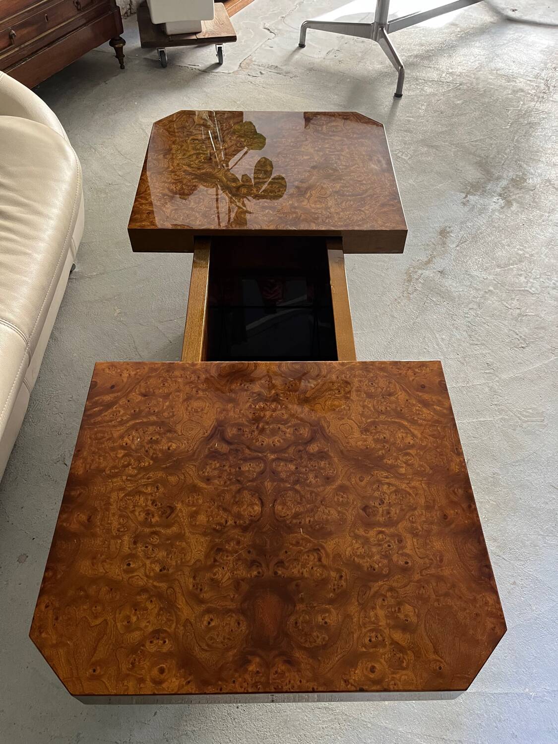 1970s elm burl coffee table / bar