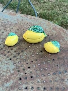Salt and mustard pots, ceramic lemons, barbotine Vallauris.