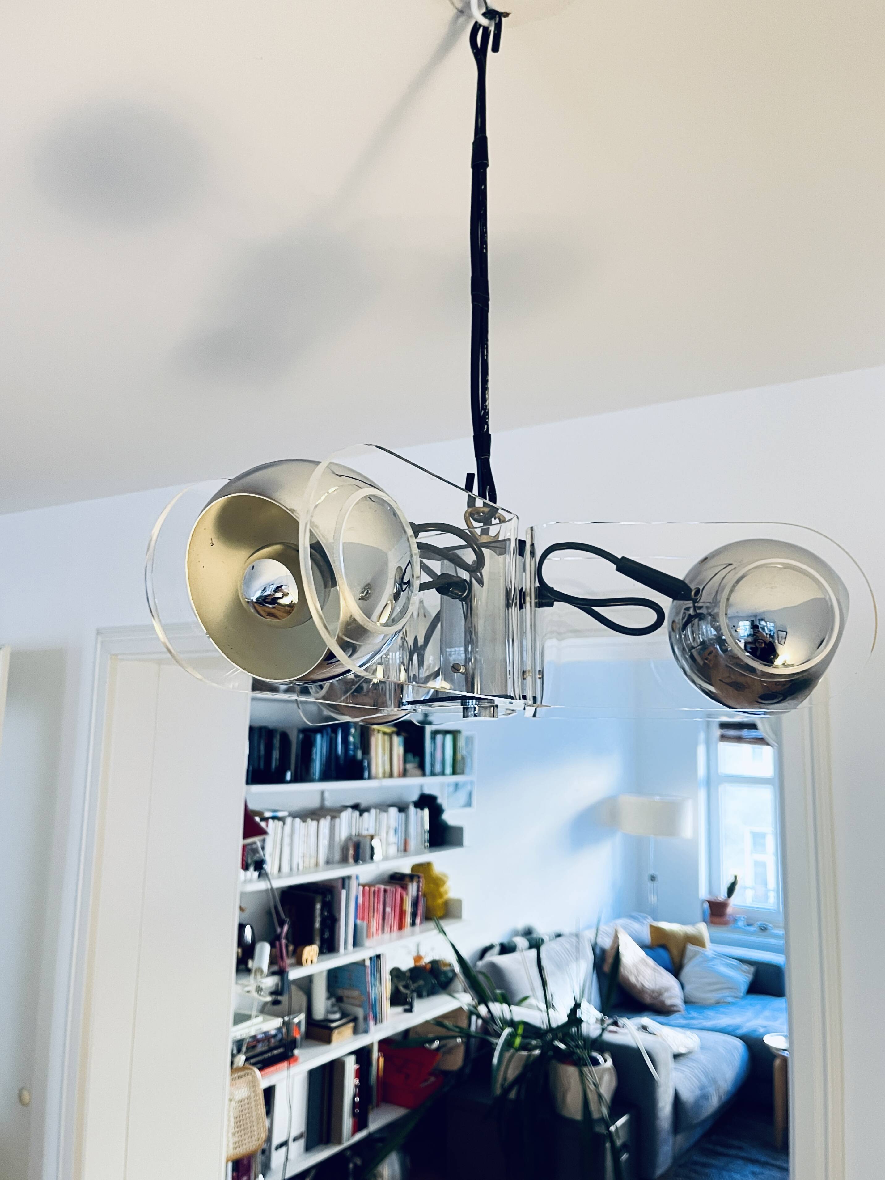Vintage Chrome & Acrylic Pendant Lamp in the Style of Gino Sarfatti , 1970s