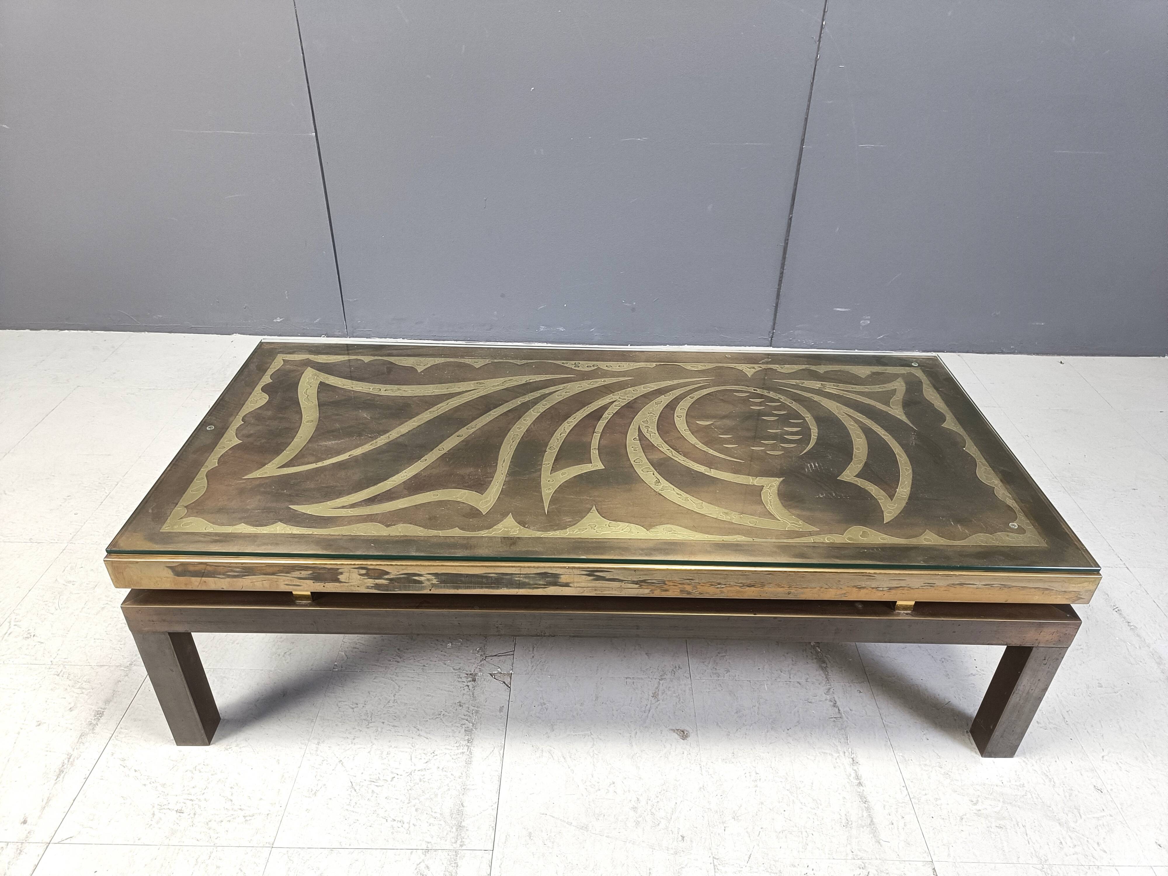 Vintage etched brass coffee table by Willy Daro, 1970s
