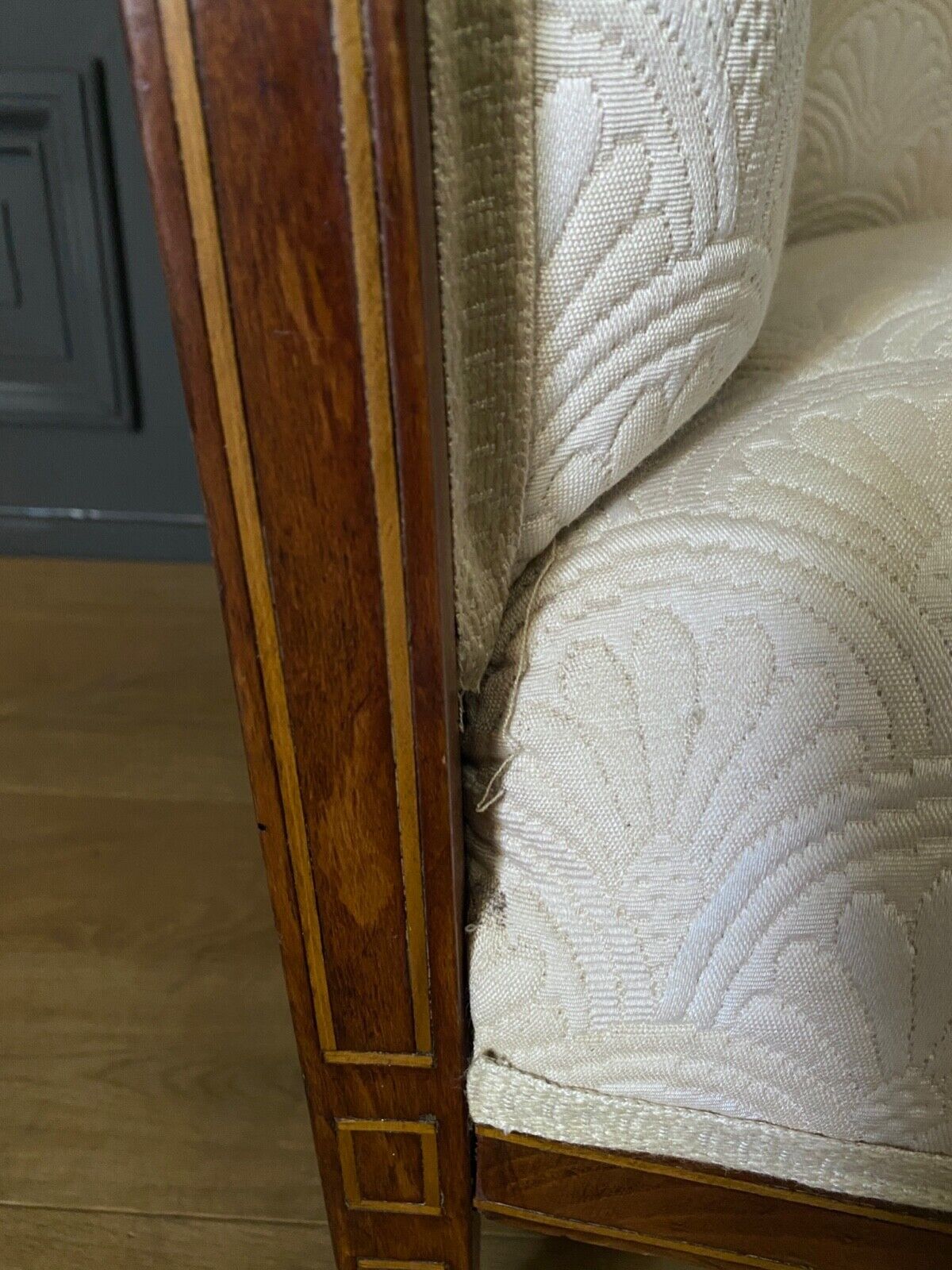 Armchair art deco 1930 marquetry fabric white cream foliage decoration