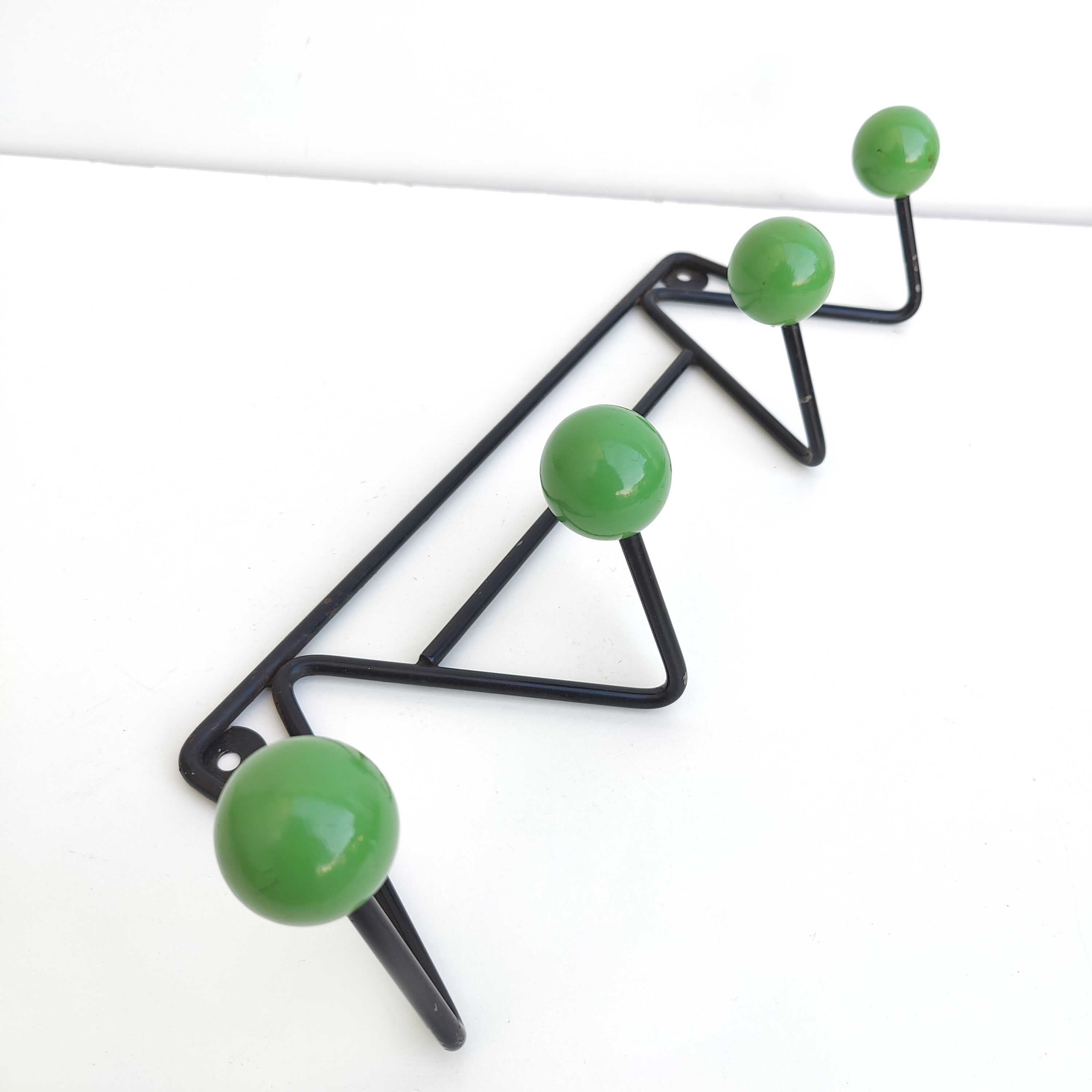 Coat rack zig-zag hooks balls green wood