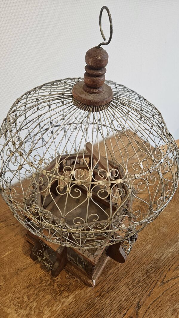 Cage à oiseaux vintage en bois et métal (années 30)