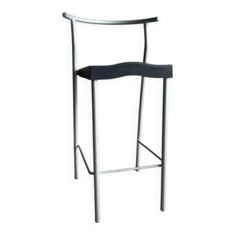 Philippe Starck vintage high bar stool — black plastic seat, silver metal frame