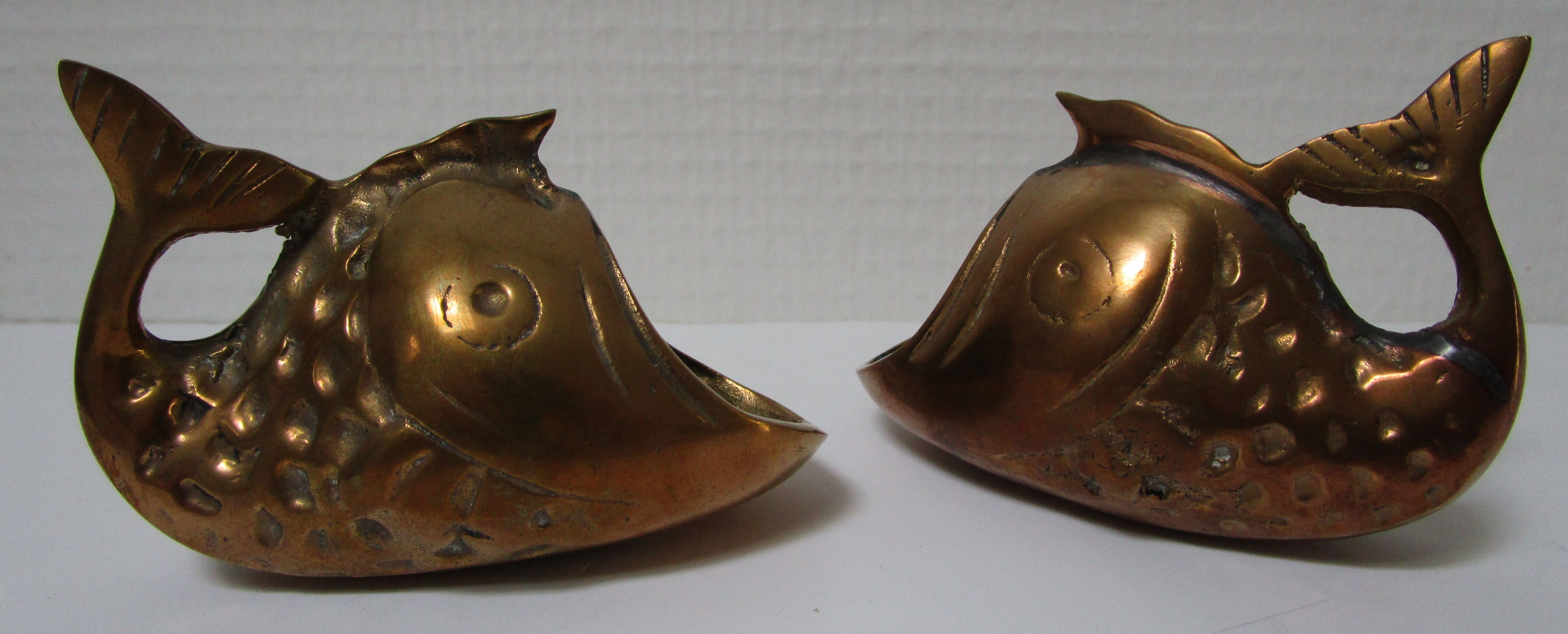 Two vintage brass fish ashtrays