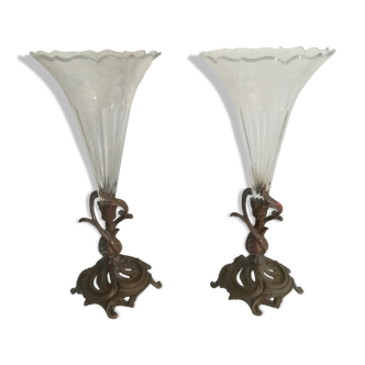 Pair of cornet vases in cut crystal and bronze