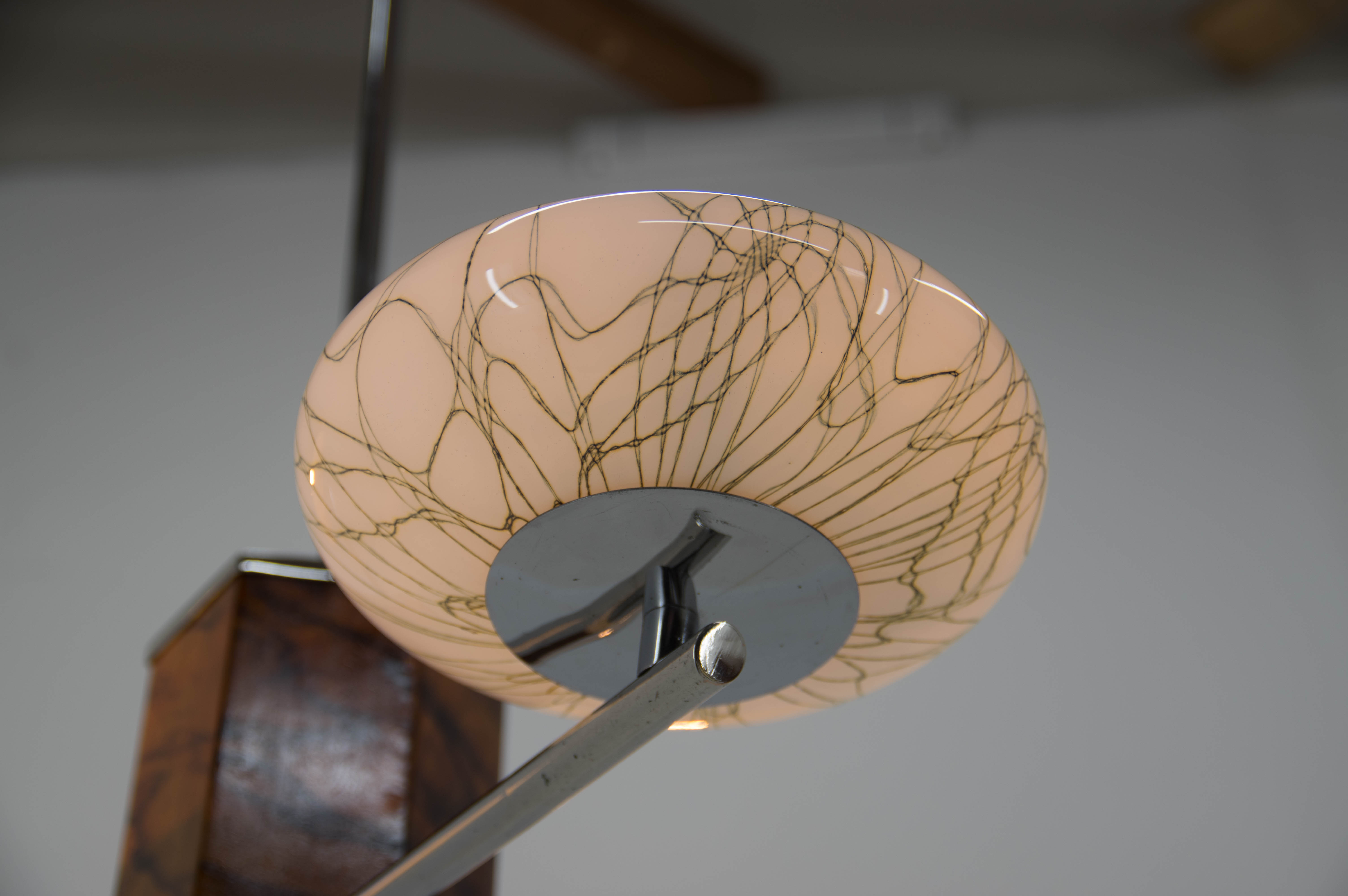 Art deco wood chrome and glass chandelier, 1940s, restored