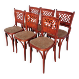 Vintage Italian Bistro Chairs - 1980s Reddish Wood, Brown Fabric - Set of 6