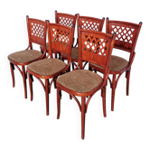Chaises de bistrot italiennes vintage - Bois rougeâtre, tissu marron, années 1980 - Lot de 6