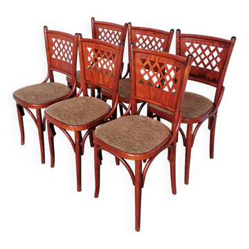 Vintage Italian Bistro Chairs - 1980s Reddish Wood, Brown Fabric - Set of 6