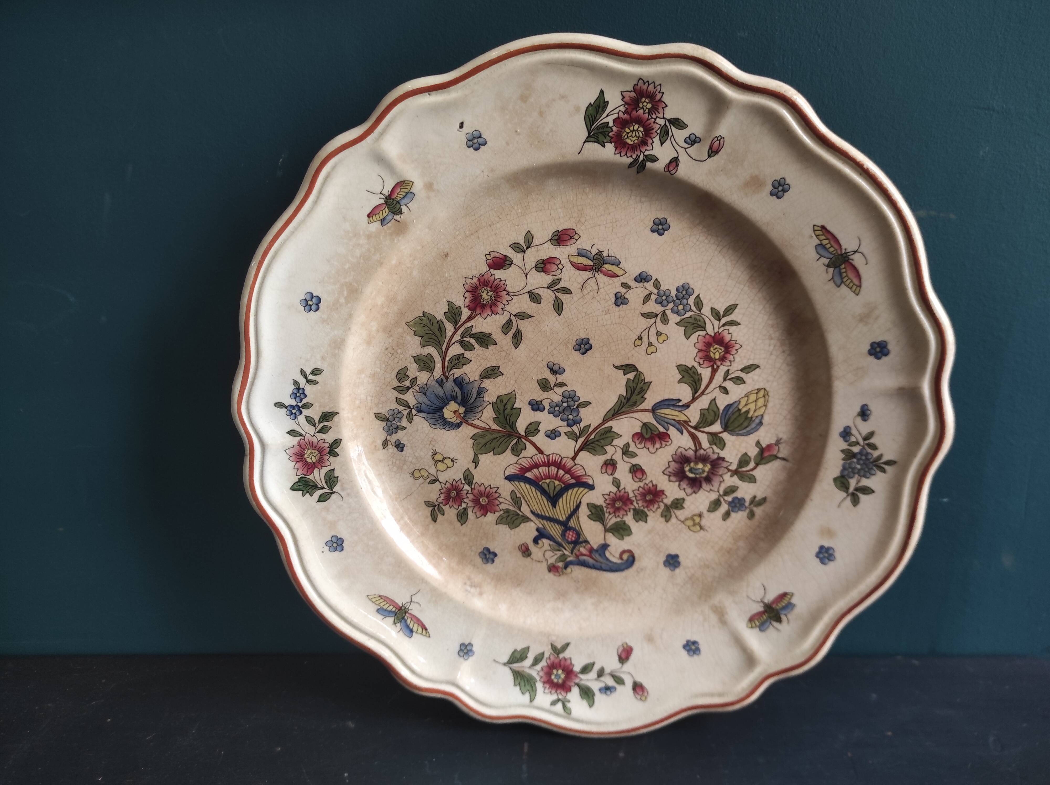 Vintage French round serving plate faience de Rouen, representing a horn of plenty